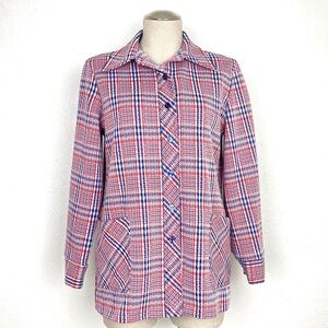 Vintage 70s Red White Blue Plaid Dagger Collar Button Up Shirt Shacket w/Pockets